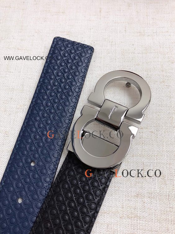 2022 Replica Ferragamo Blue Black Reversible Belt Gray Clasp